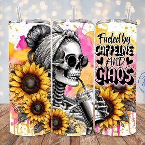 Sunflower Skeleton Tumbler, Fueled By Caffeine And Chaos Cup, Caffeine Lover Mug